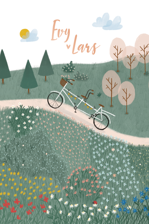 Trouwkaart illustratie weiland tandem fiets