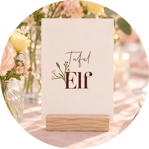 Bruiloftsdecoratie met tafelnummers en bijpassend drukwerk