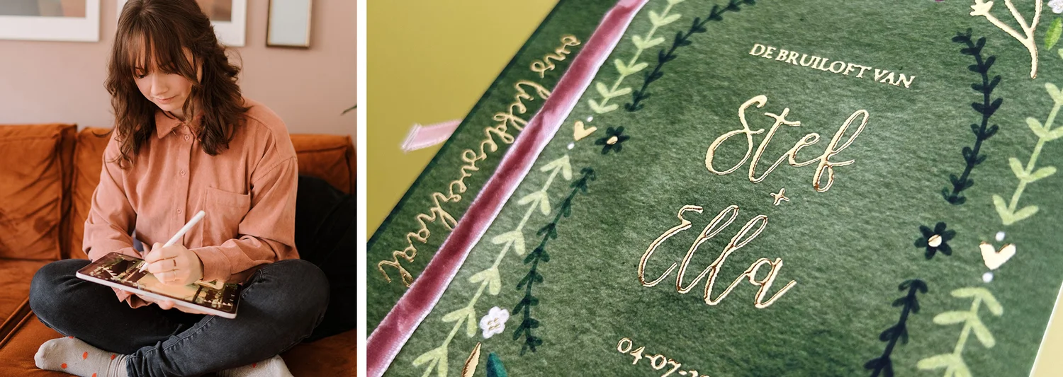 Trouwkaarten trends 2027 met handgeschilderde illustraties, bijzondere vormen en persoonlijk trouwdrukwerk